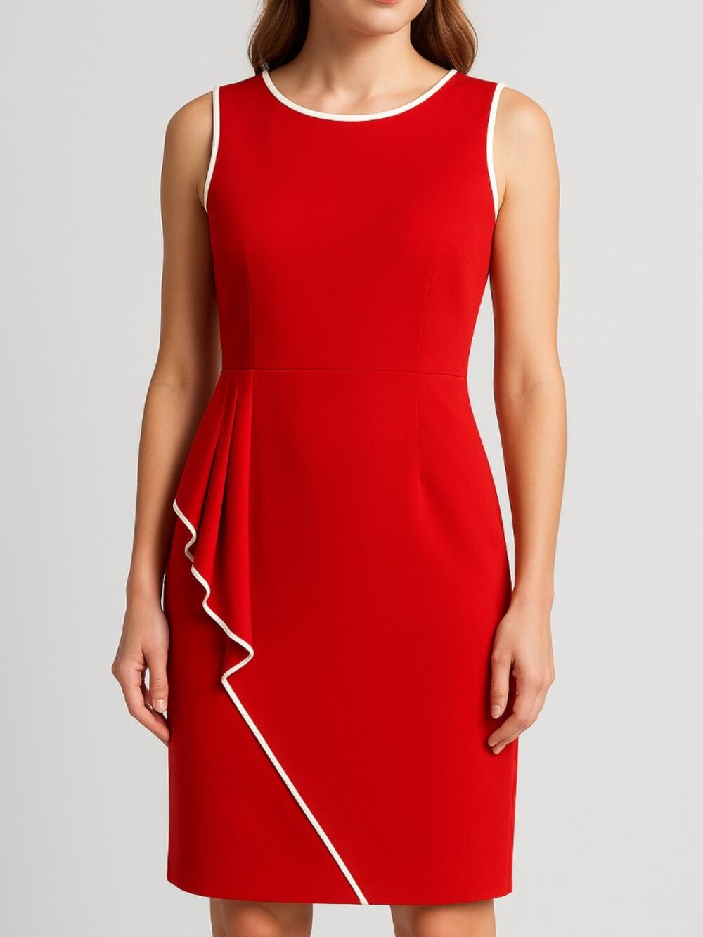 🔥 Glamour Red Sheath Dress w/ White Trim Size 12 — Asymmetrical Ruffle MSRP $89